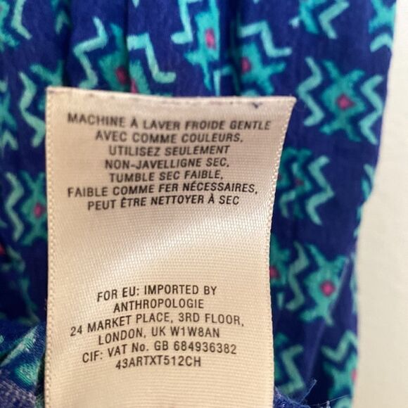 Maeve Anthropologie rayon tank blouse v neck button dwn sz 10 blue print w/ pink - Picture 4 of 7